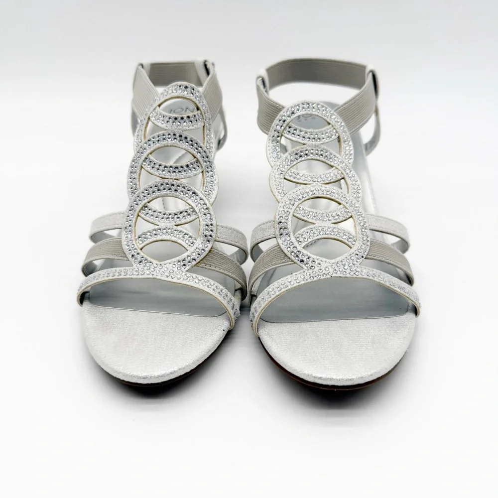 Jones New York Denice Strappy Bling Wedge Sandals Elastic Ankle Silver 7 NEW